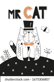 Black and white Cats poster for nursery in retro style with cute cat. Vector Illustration. Kids illustration for baby clothes, greeting card, wrapper. Lettering Mr Cat.