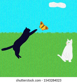 Black and white cats prey on a butterfly. Stylized woven fabric, seamless vector pattern