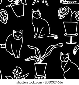 Black and white cats seamless pattern. Vector wallpaper with silhouettes of pets and home plants in monochrome style.