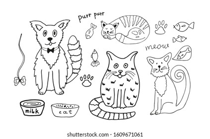 Black and white cats set in doodle style isolated on white background. Vector stock illustration. Hand drawing line art image.