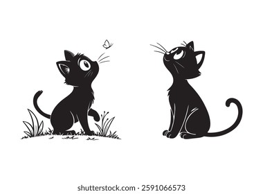 Black and white cats, Set of cats silhouettes, Cute cat silhouette with Waite background, set icon silhouette cats, tow silhouette cats.	