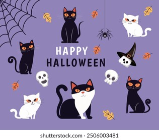 Black and white cats, skulls and a spider. The Halloween holiday.  Vector illustration. It can be used in web design, printing, textiles