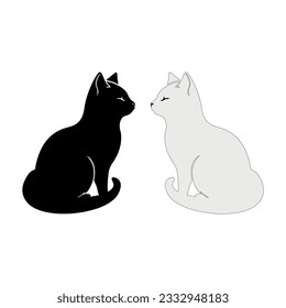 Black and White cats. Vector illustration of couple cats black and white colors. Love story cats