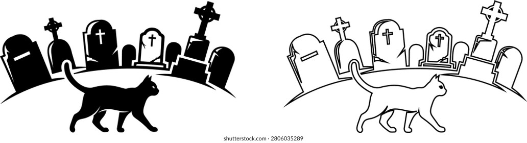 Black and white cats walking among gravestones in a cemetery illustration Editable icons