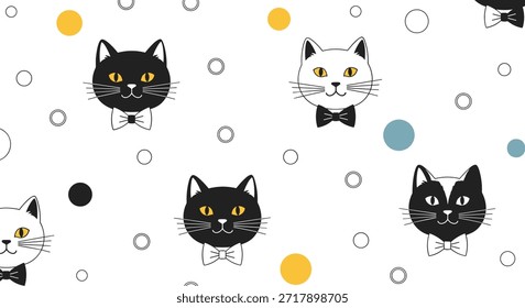 Gatos pretos e brancos vestindo laços e olhos amarelos com pontos coloridos criam um padrão perfeito sofisticado e divertido para os entusiastas de gatos.