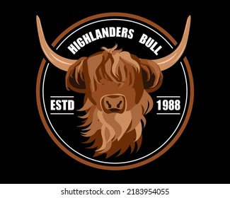 Emblem of  black and white and brown Highland cattle, cow. Cute head of Scottish cattle isolated on black background. Written Highlanders Bull. Design element for logo, poster, card, banner, emblem, t