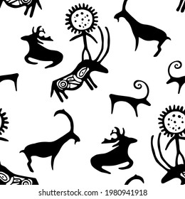 Black white cave drawing animals goat, sheep,  elk and cow carring a man vector seamless pattern graphic design. Ancient cave art of ox bullock, deer stag, nowt neat, beef animals. Kazakh ornament