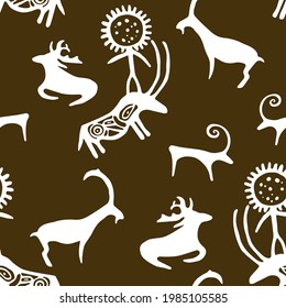 Black white cave drawing animals goat, sheep,  elk and cow carring a man vector seamless pattern graphic design. Ancient cave art of ox bullock, deer stag, nowt neat, beef animals. Kazakh ornament