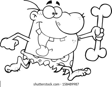 Black and White Caveman Running With A Big Bone. Vector Illustration Isolated on white