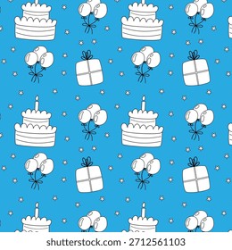 Black and White Celebration Seamless Pattern with Balloons, Cake, Gifts, and Stars – Line Art blue Background for Festive Projects