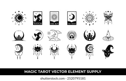 Black and white celestial and magical elements for mystical designs. Perfect for witchcraft, astrology, fantasy themes in creative projects.