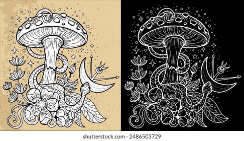 Black and white celestial mystic mushrooms with magic and floral decorative design elements, snake, witchcraft symbols. Esoteric and witchy objects, tattoo concept, hand drawn clipart 