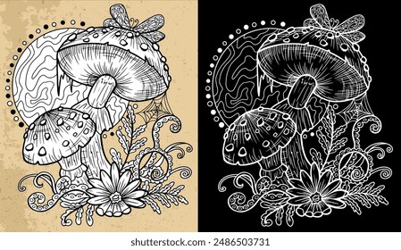 Black and white celestial mystic mushrooms with magic and floral decorative design elements, butterfly, witchcraft symbols. Esoteric and witchy objects, tattoo concept, hand drawn clipart 