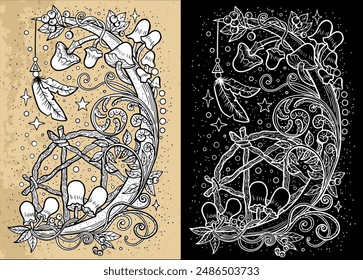 Black and white celestial mystic mushrooms with magic and floral decorative design elements, pentagram, witchcraft symbols. Esoteric and witchy objects, tattoo concept, hand drawn clipart 