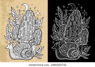 Black and white celestial mystic mushrooms with magic and floral decorative design elements, snail, witchcraft symbols. Esoteric and witchy objects, tattoo concept, hand drawn clipart 