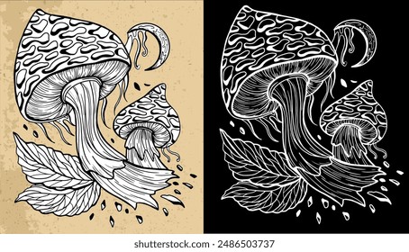 Black and white celestial mystic mushrooms with magic and floral decorative design elements, witchcraft symbols. Esoteric and witchy objects, tattoo concept, hand drawn clipart 