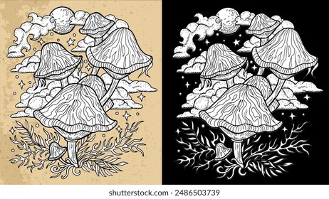 Black and white celestial mystic mushrooms with magic and floral decorative design elements, witchcraft symbols. Esoteric and witchy objects, tattoo concept, hand drawn clipart 