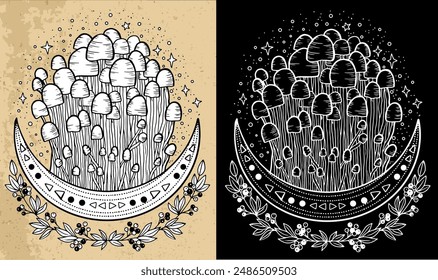 Black and white celestial mystic mushrooms with magic and floral decorative design elements, witchcraft symbols. Esoteric and witchy objects, tattoo concept, hand drawn clipart 