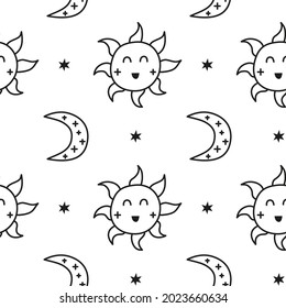 Black and white celestial seamless pattern with doodle outline sun, stars and crescent moon. Boho magical background.