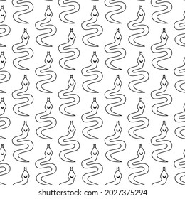 Black and white celestial seamless pattern with doodle outline snakes. Boho magical background.