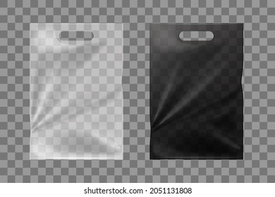 Black and white cellophane bags isolated mockup. Transparent bags for food and garbage plastic containers for easy carrying of vector items.