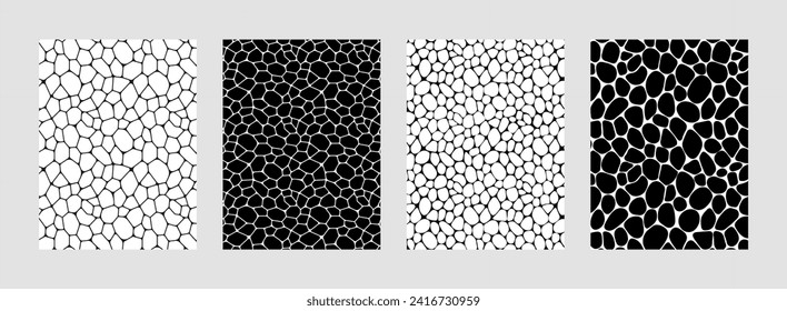 Antecedentes vectoriales de células blancas y negras Voronoi cubiertas set. Baldosa geométrica irregular. colección de fondos de escritorio de piedras y piedras para la web y tarjetas de ciencia, diseños de interiores