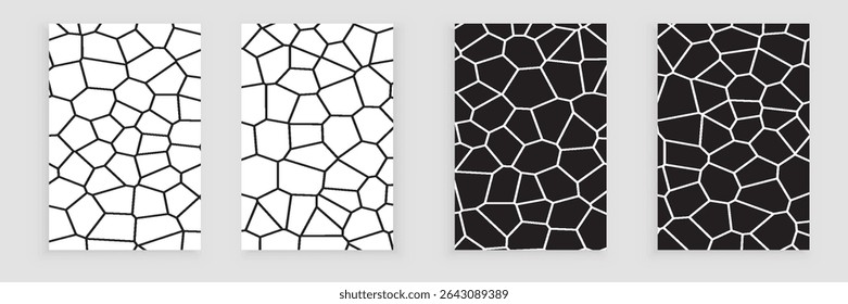Black and white cells vector backgrounds Voronoi covers set. Irregular geometric tile. template rocks and stones wallpapers collection for web the web and science cards, interior designs