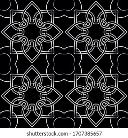 Símbolo celta blanco y negro que conecta la flor y la imagen vectorial del sol con adornos de estilo. Patrón vectorial sin problemas.