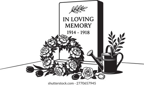 Black and white cemetery scene with gravestone, flowers, and watering can