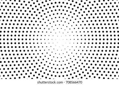 Black and white centered halftone vector background. Monochrome dotted texture for retro overlay. Modern halftone banner template. Vintage pattern. Cartoon round dot ornament on transparent background