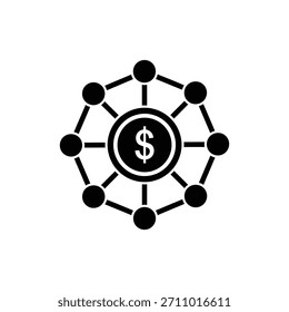 Ícone de sistema de rede financeira centralizada em preto-e-branco com símbolo de dólar