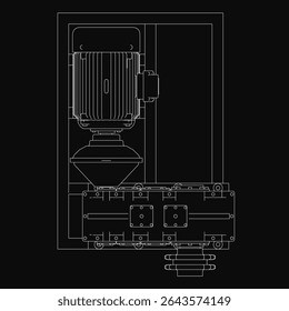 Uma ilustração em preto e branco da bomba centrífuga sobre um fundo preto destaca detalhes da maquinaria industrial. O motor elétrico e componentes intrincados são claramente visíveis, apresentando mecânica.