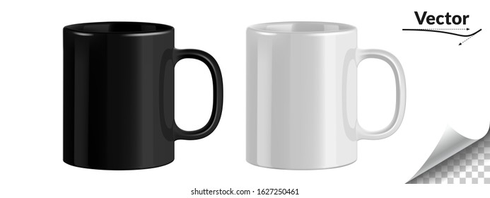 Black and white ceramic mug. Cup on transparent background. Vector illustration. Realistic style. 3D style.
