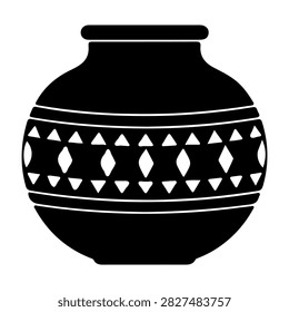 A black and white ceramic pot featuring intricate geometric patterns and symmetrical designs, showcasing traditional craftsmanship and cultural artistry.
