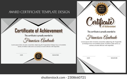 Plantilla de borde de certificado de logro en blanco negro con placa de lujo y patrón de línea moderno. Para las necesidades de premios, negocios y educación. Esta plantilla de certificado en blanco y negro es fácil de personalizar