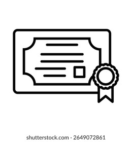 Black and white certificate icon with seal denotes accomplishment and formal recognition, presented in a minimalist style ideal for educational materials and design projects.