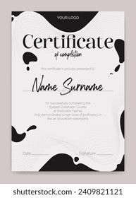 Black and white certificate template with a modern flowing design. Perfect for beauty education, eyelash, or makeup artists. Elegant and abstract, ideal for awards or educational achievements. Not AI. svg