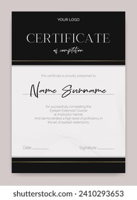 Black and white certificate template with a modern design. Perfect for beauty education, eyelash, or makeup artists. Elegant and abstract, ideal for awards or educational achievements. Not AI. svg