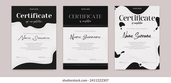 Black and white certificate template with a modern flowing design. Perfect for beauty education, eyelash, or makeup artists. Elegant collection ideal for awards or educational achievements. Not AI. svg