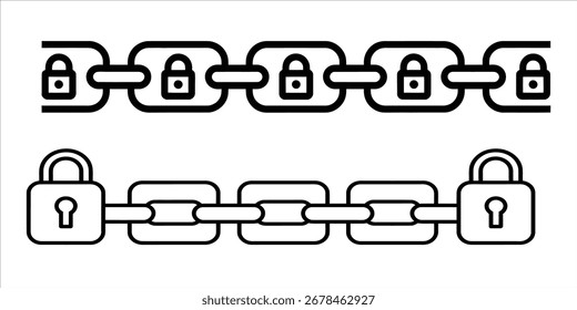 Ilustração de cadeia em preto e branco representando o conceito de segurança de blockchain e proteção de dados para sistemas de segurança de rede digital e de segurança conectada
