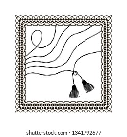 Black and white chain with tassel background. Filigree square border. Monochrome pattern. Black silhouette on white. Fashion motifs. Vector illustration