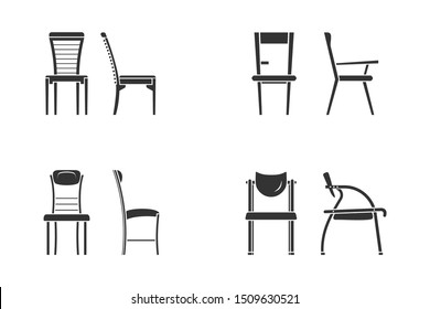 Black and white chair icon set for interior design. Front view and side view of different chair flat style, vector illustration