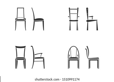 Black and white chair icon set for kitchen room. Front view and side view of different chair flat style, vector illustration