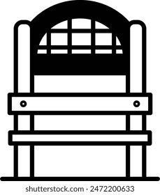 A black and white chair with a wooden frame. The chair is empty and has a window on the back