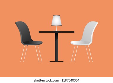 Black and white chairs and table in cafe. Vector illustration with furniture elements for an interior of cafe. Flat style