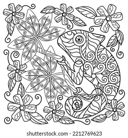 Black and white chameleon, coloring pages anti-stress vector illustration. Reptiles, flowers and branches. Hand-drawn sketch