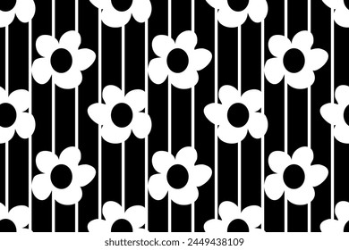 Black and white chamomile cartoon  flowers and elegant fashionable stripes.  Seamless vector pattern for design and decoration. 