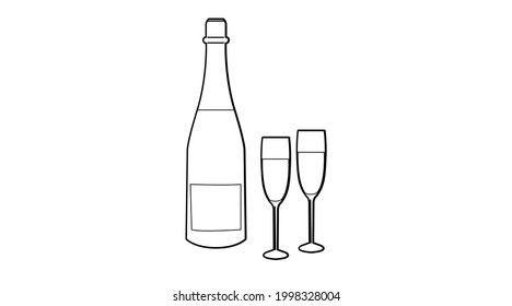 Black and White Champagne. Vector illustration of a bottle of champagne and two cups