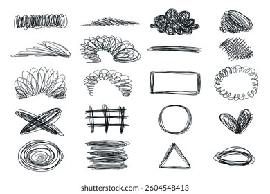Black and White Chaotic Lines and Abstract Loops isolated on White Background. Hand Drawn Scribble Shapes Collection. Perfect for modern art prints, design textures