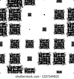Black and White Chaotic Seamless Pattern. Distressed Fabric Print with African Motif. Cloth Pattern with Scattered Messy Squares. Hand Drawn Ethnic Fabric Design.